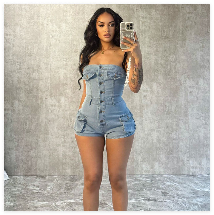 Denim Tube Top Jumpsuit – Stretch Jeans-Overall für Damen